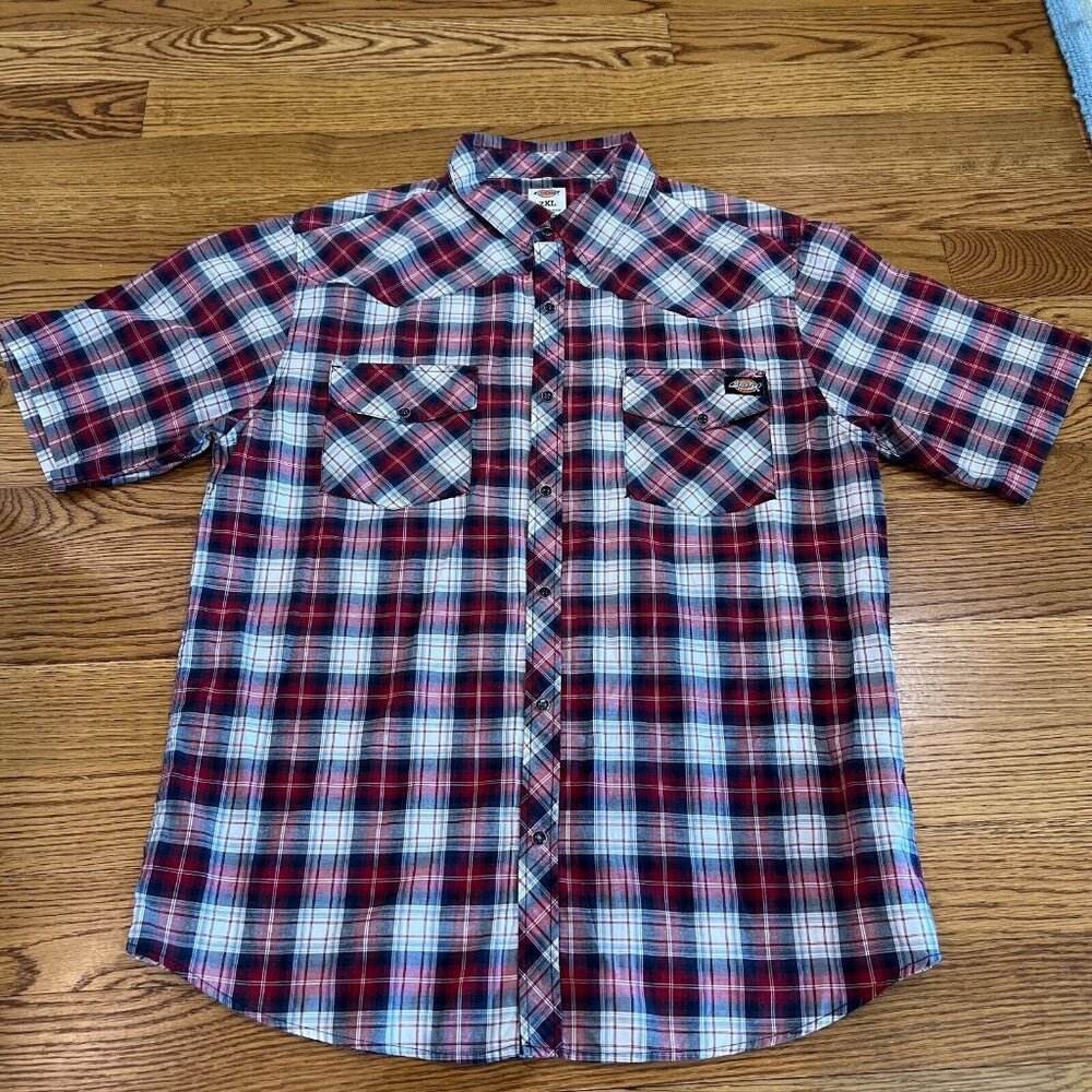 Dickies Plaid Pearl Snap Button Shirt  Mens Size 2XL Short Sleeve Red Western‎